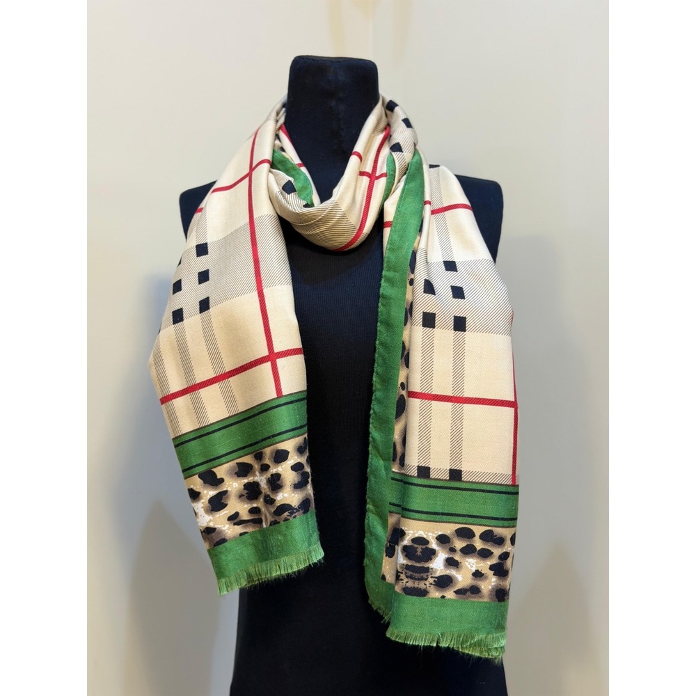Burberry London Silk Scarf Green Leopard Nova Check Print Fringe Made in Italy